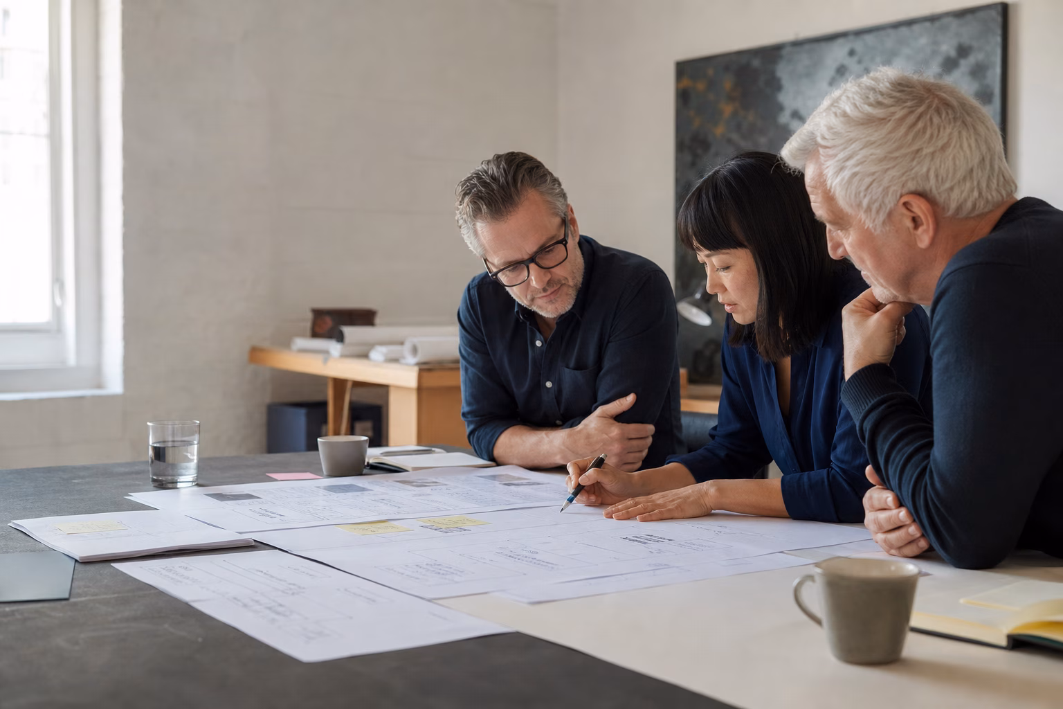 Three colleagues reviewing printed process maps around a workshop table