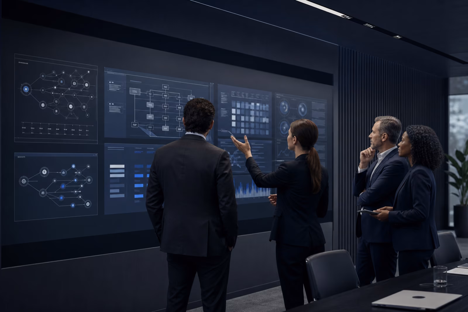 A team reviewing AI governance controls around a working table