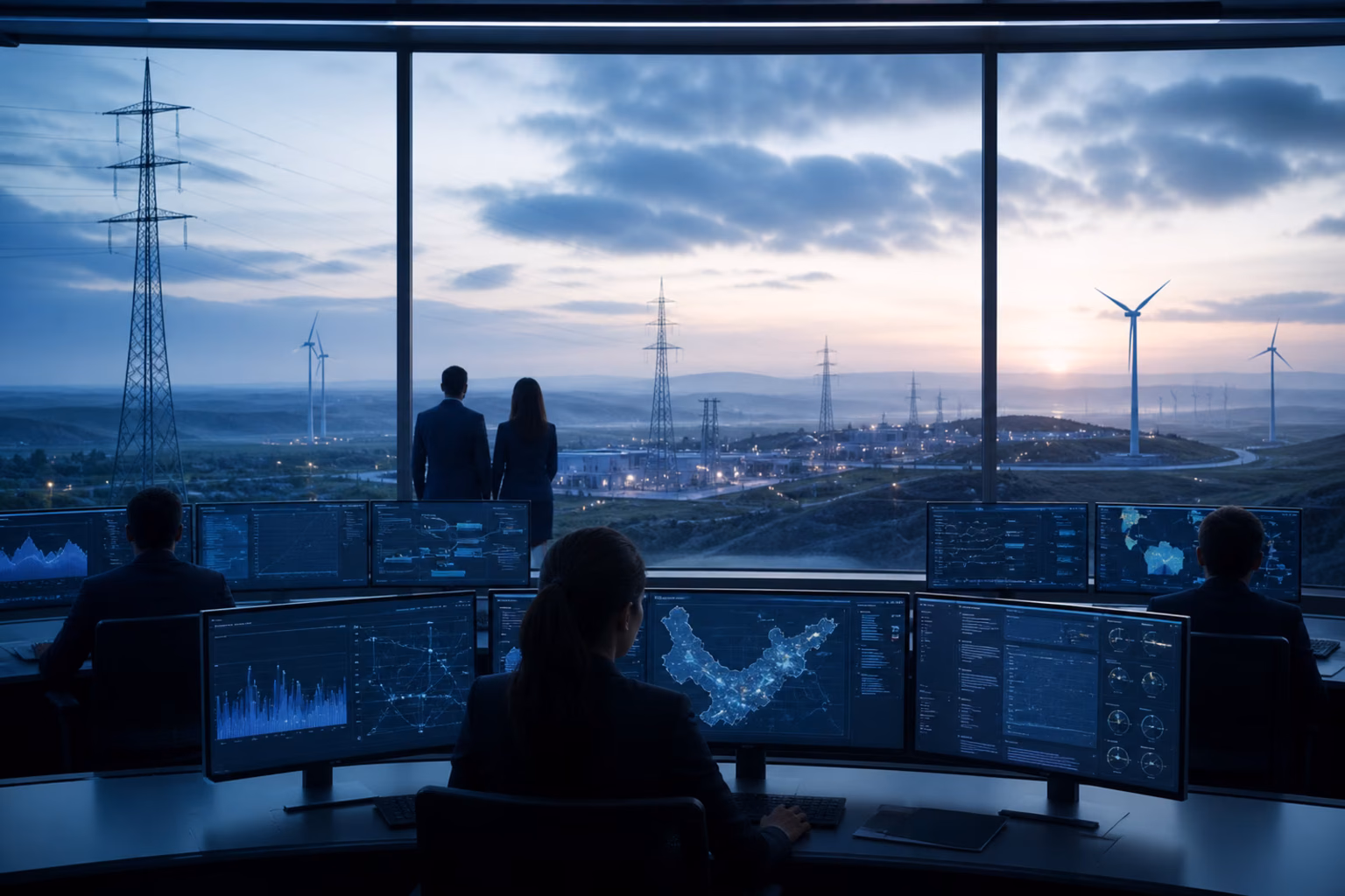 Operators watching an energy landscape through a control-room window