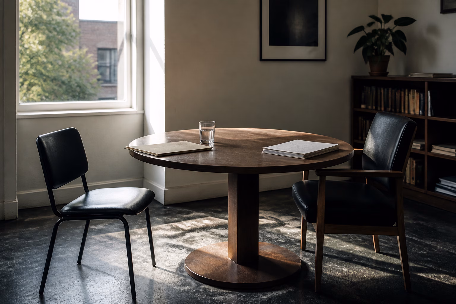 An empty meeting room with two chairs, folders, and morning light
