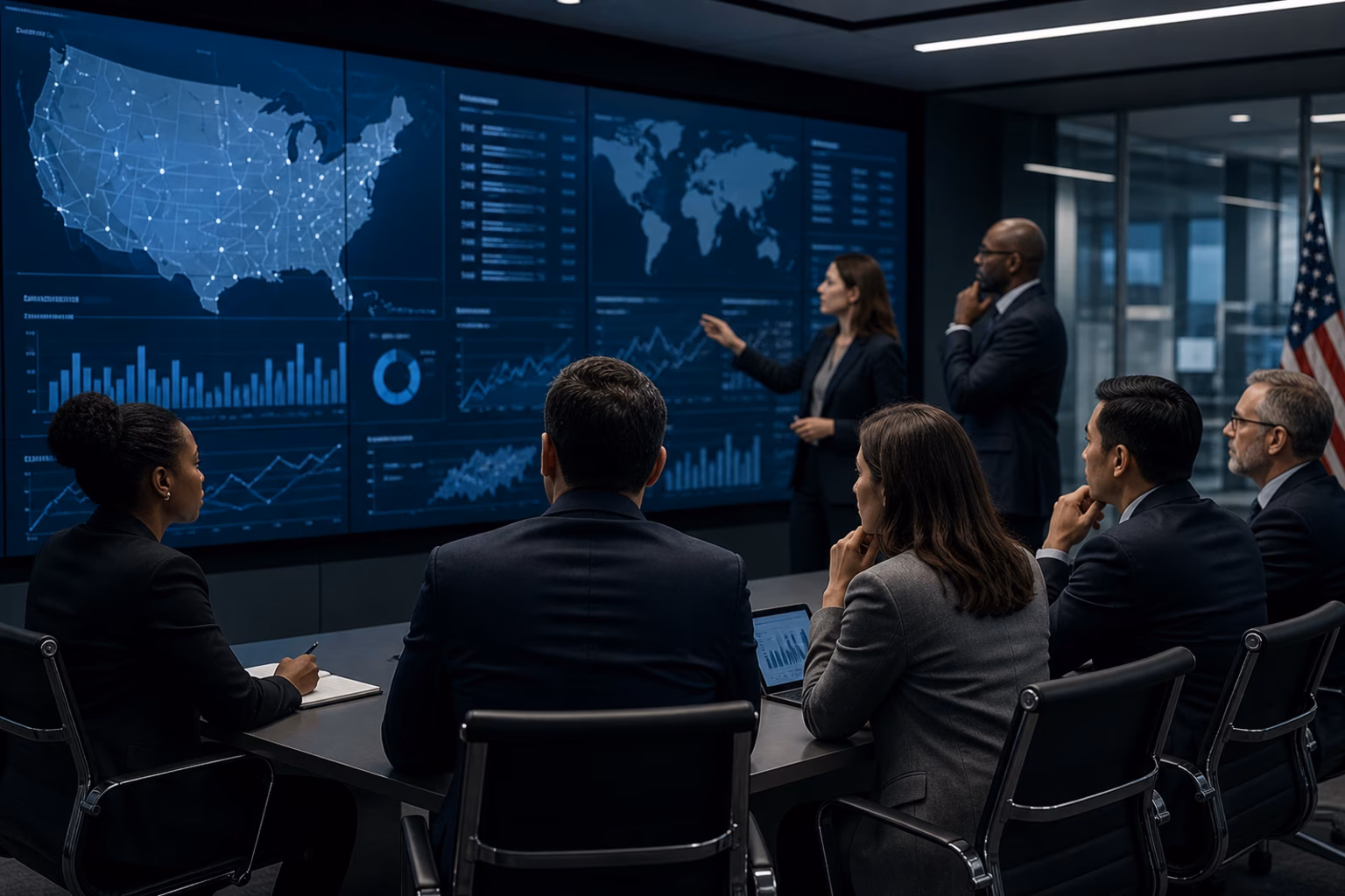 A briefing room with maps and working papers arranged around a shared mission