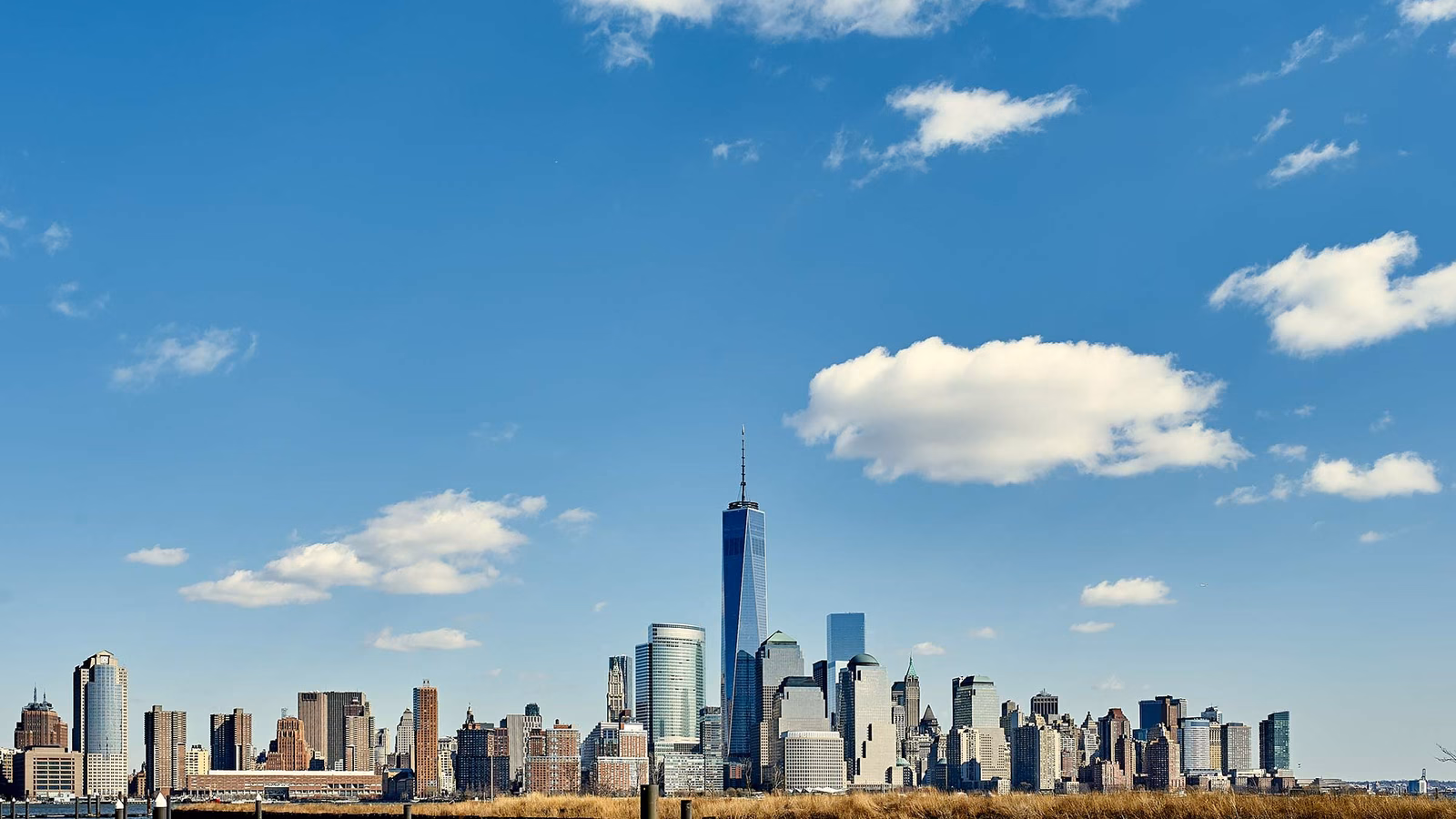 A global city skyline in clear morning light