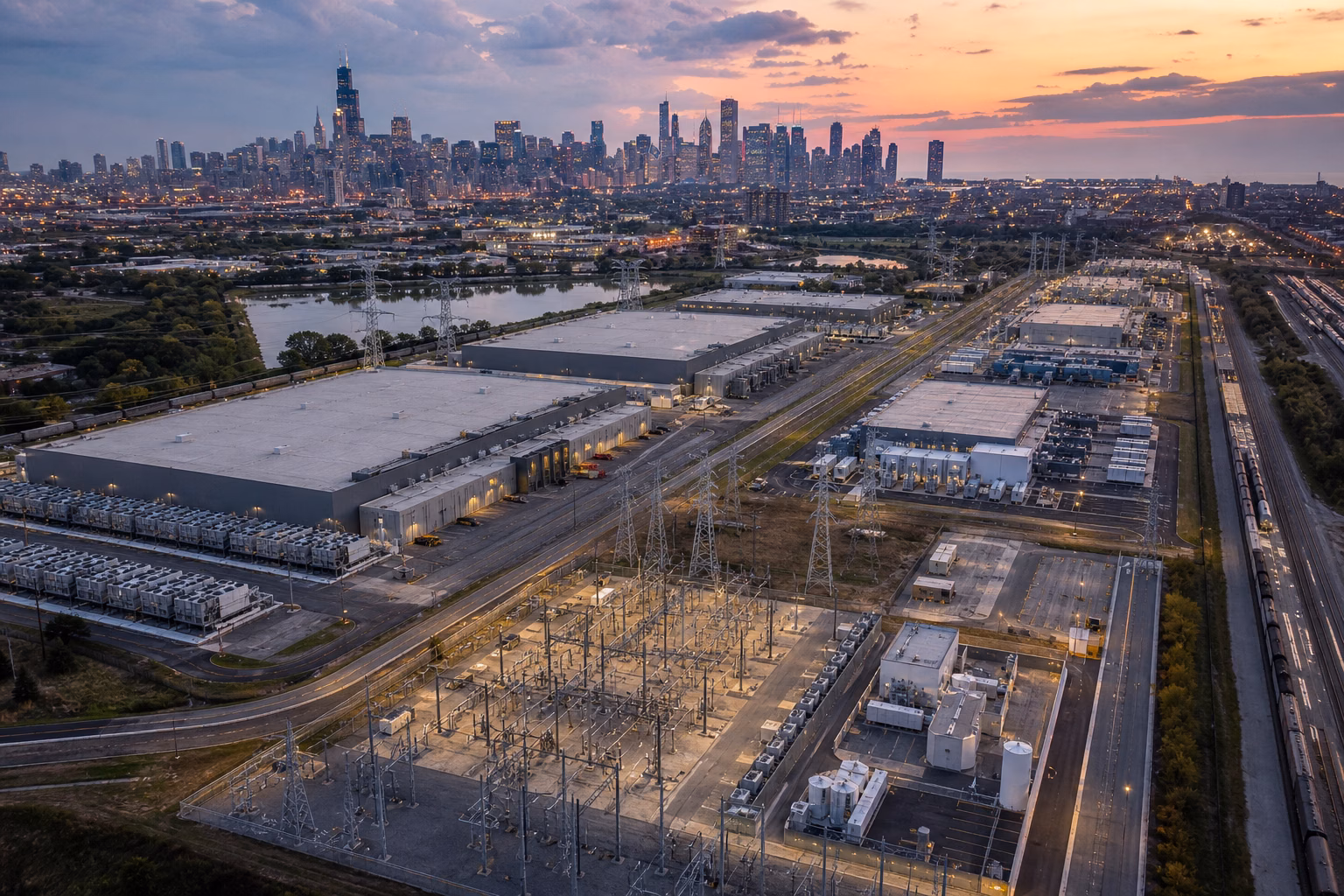A hyperscale digital infrastructure campus connected to the energy and skyline of a major city