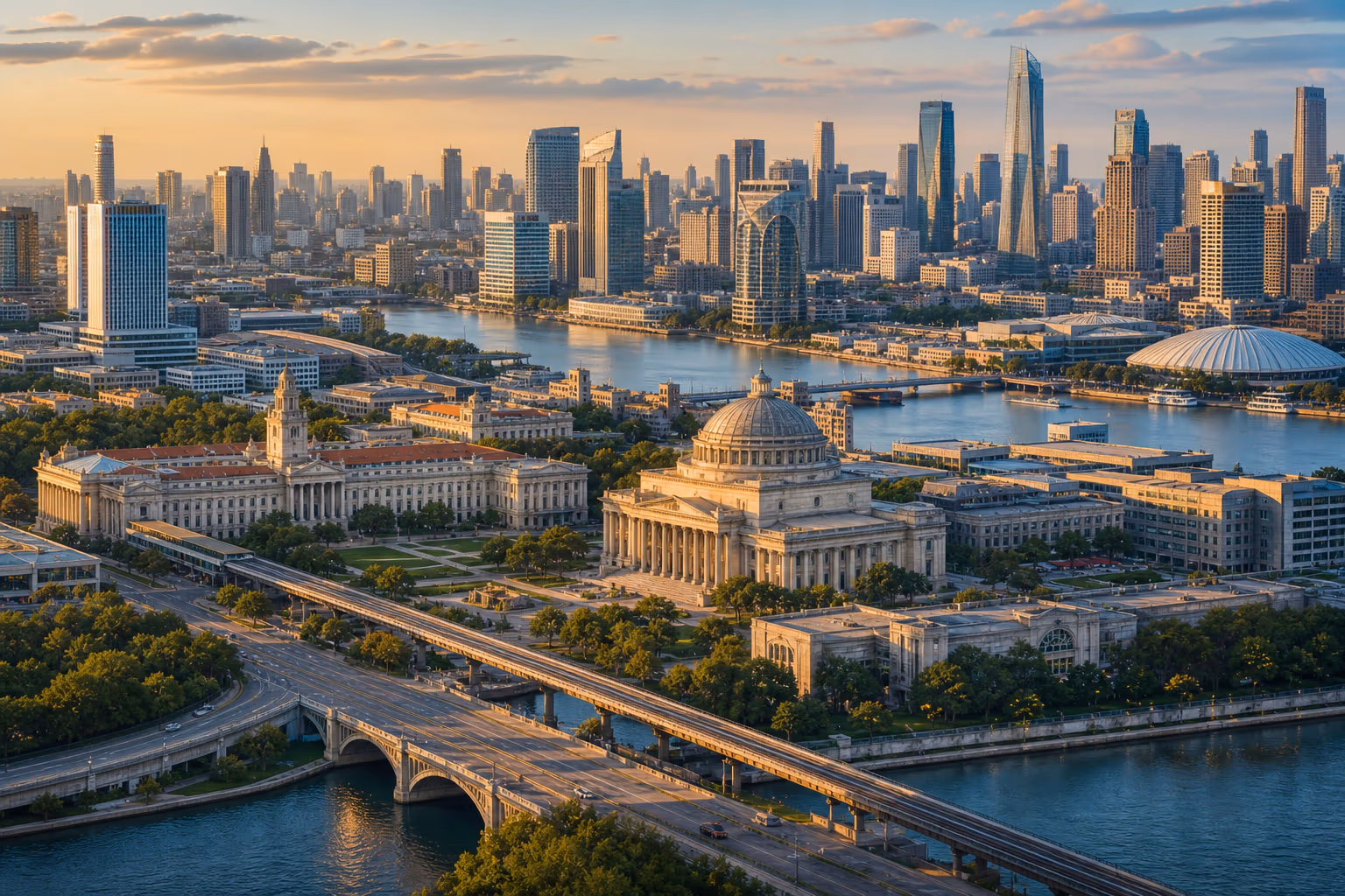 A major international capital where government institutions, corporate towers, transit, bridges, and waterways meet