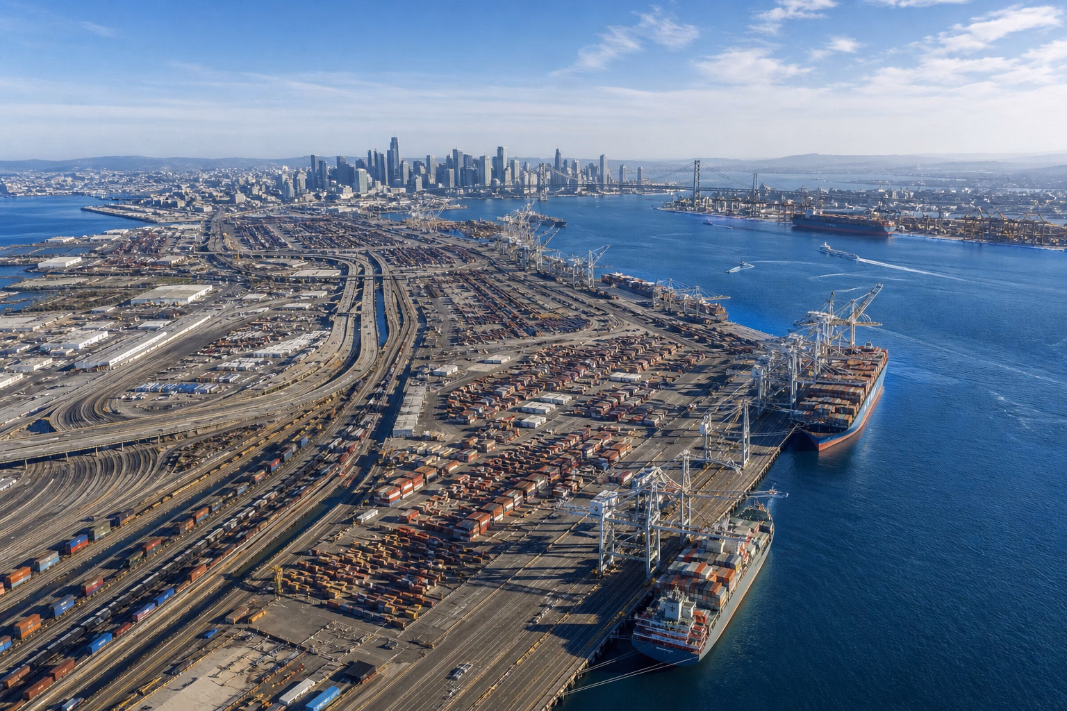 A vast international container port and intermodal logistics network beside a global city