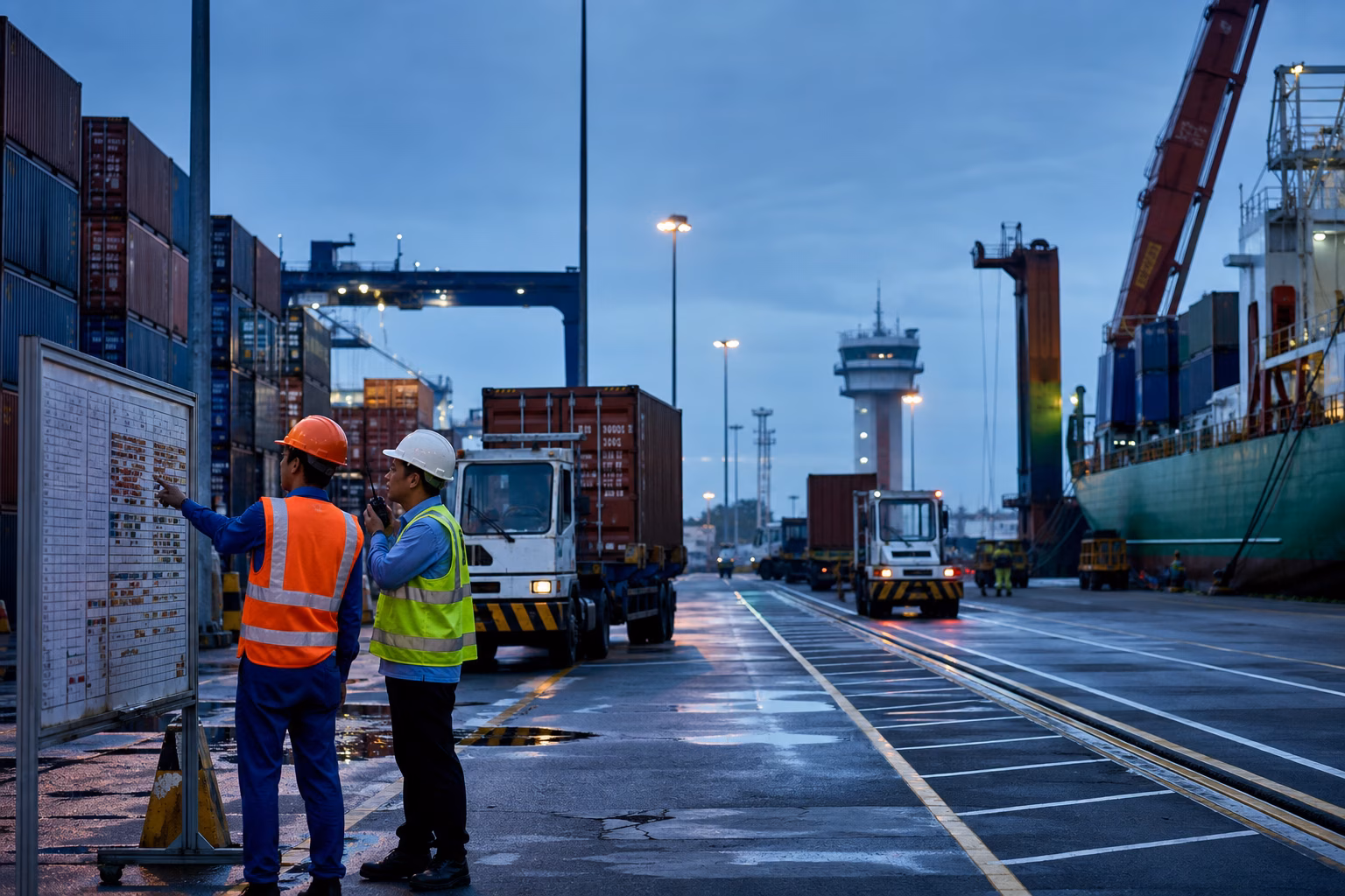Two port operators reviewing a route board beside containers and intermodal equipment at dawn