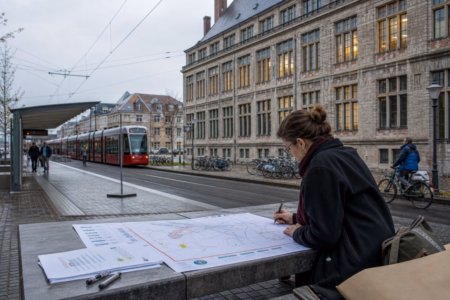 A researcher annotating a systems diagram beside a European tram and civic building