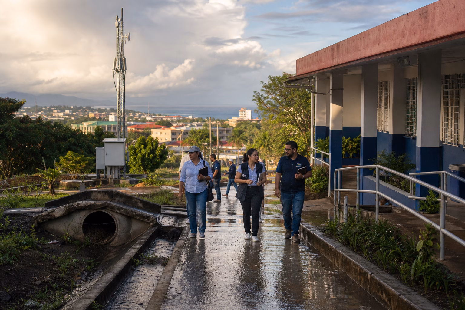 A public-service team walking through a wet hillside service corridor after rain
