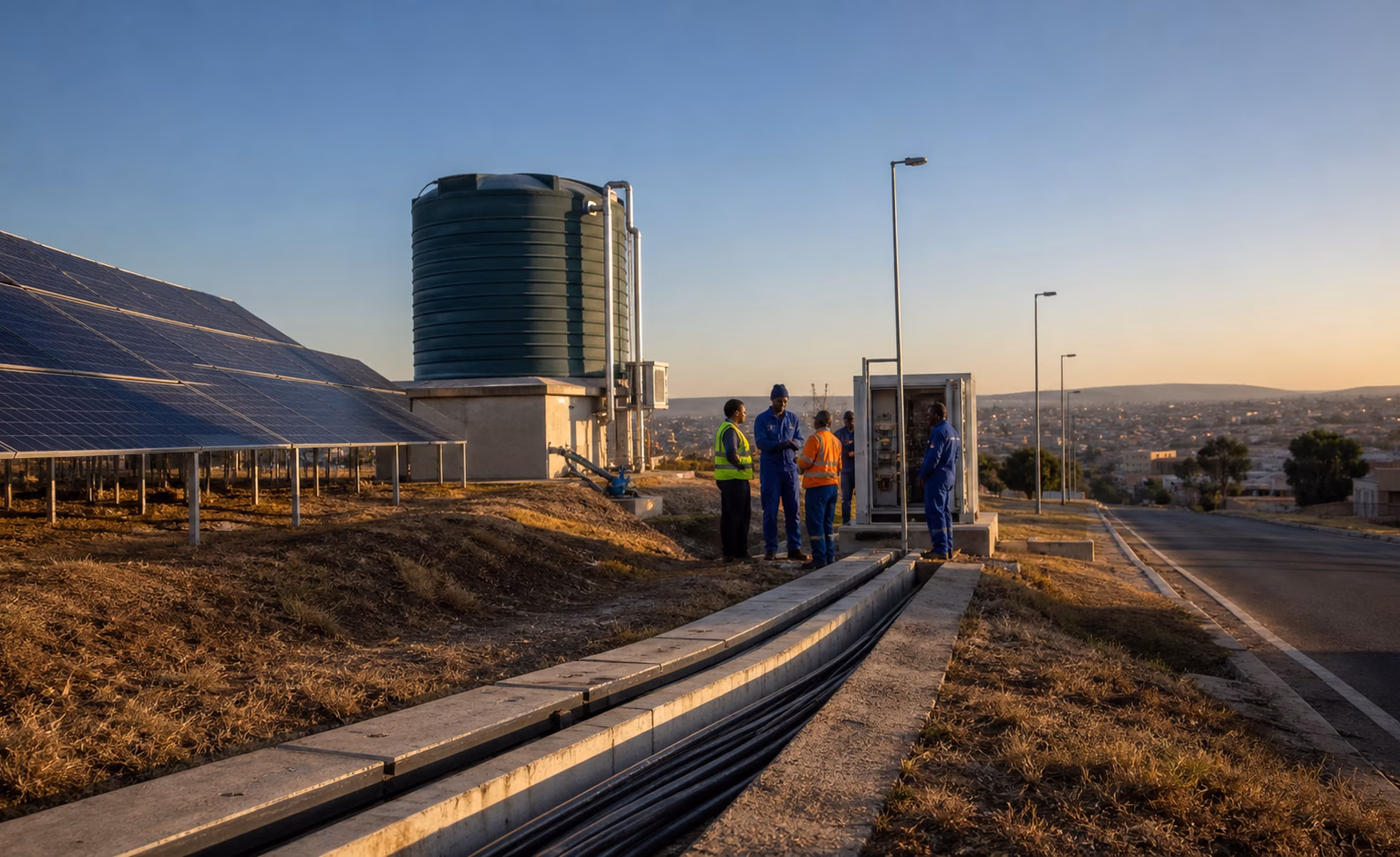 Local technicians beside a solar and water infrastructure corridor at dawn