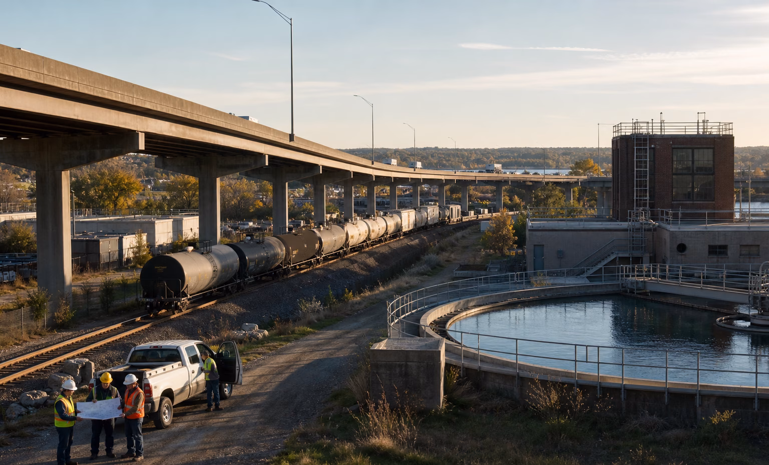 An operations crew reviewing a route map beside layered rail, road, and public infrastructure