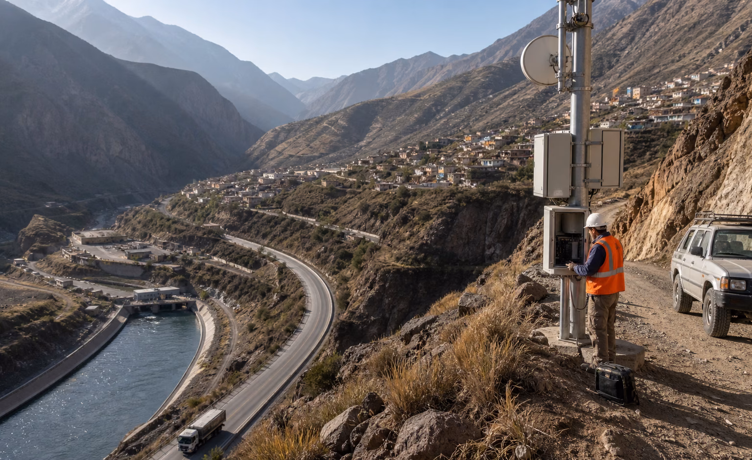 A field technician checking a communications relay above a South American mountain logistics corridor