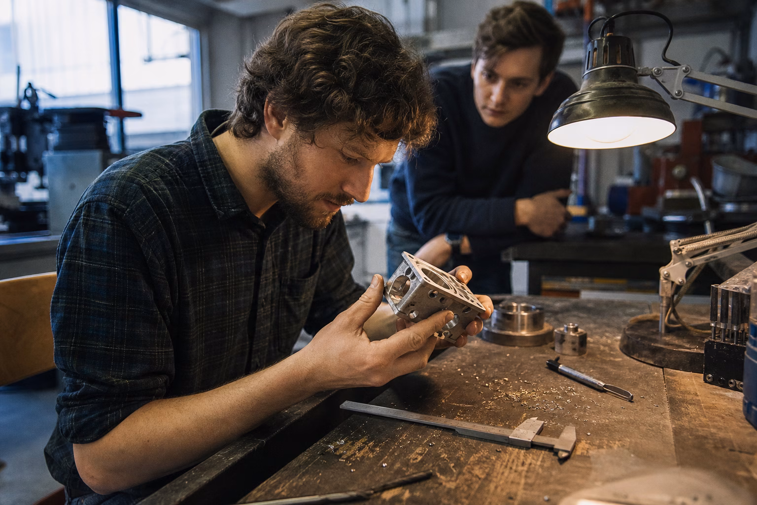 Two engineers examining an unfinished mechanical component at a scarred workshop bench