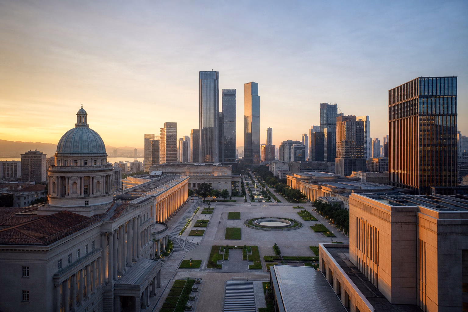 A monumental international government and corporate district in morning light