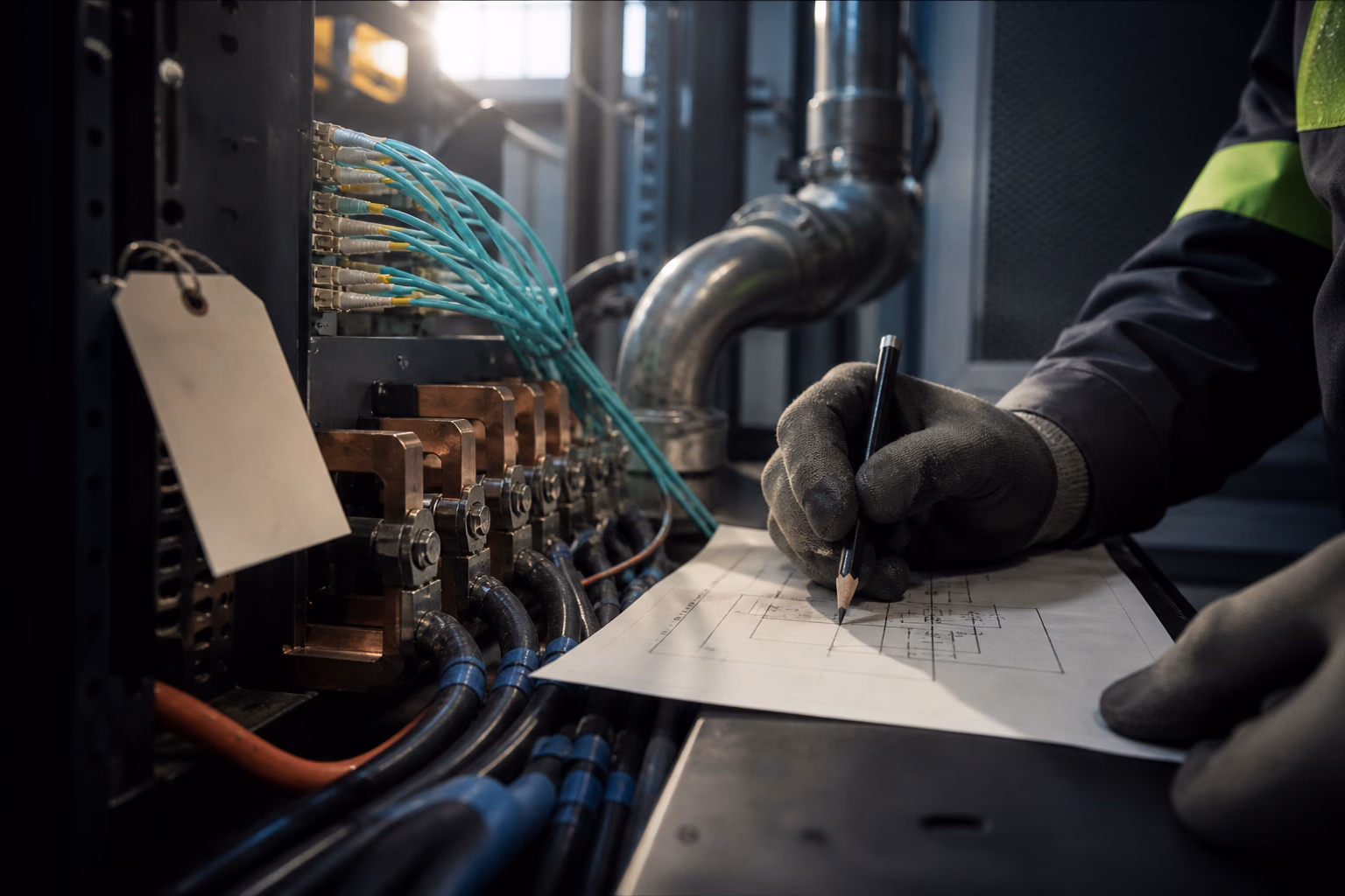 A gloved engineer tracing a paper systems sketch beside fiber, copper, and cooling infrastructure