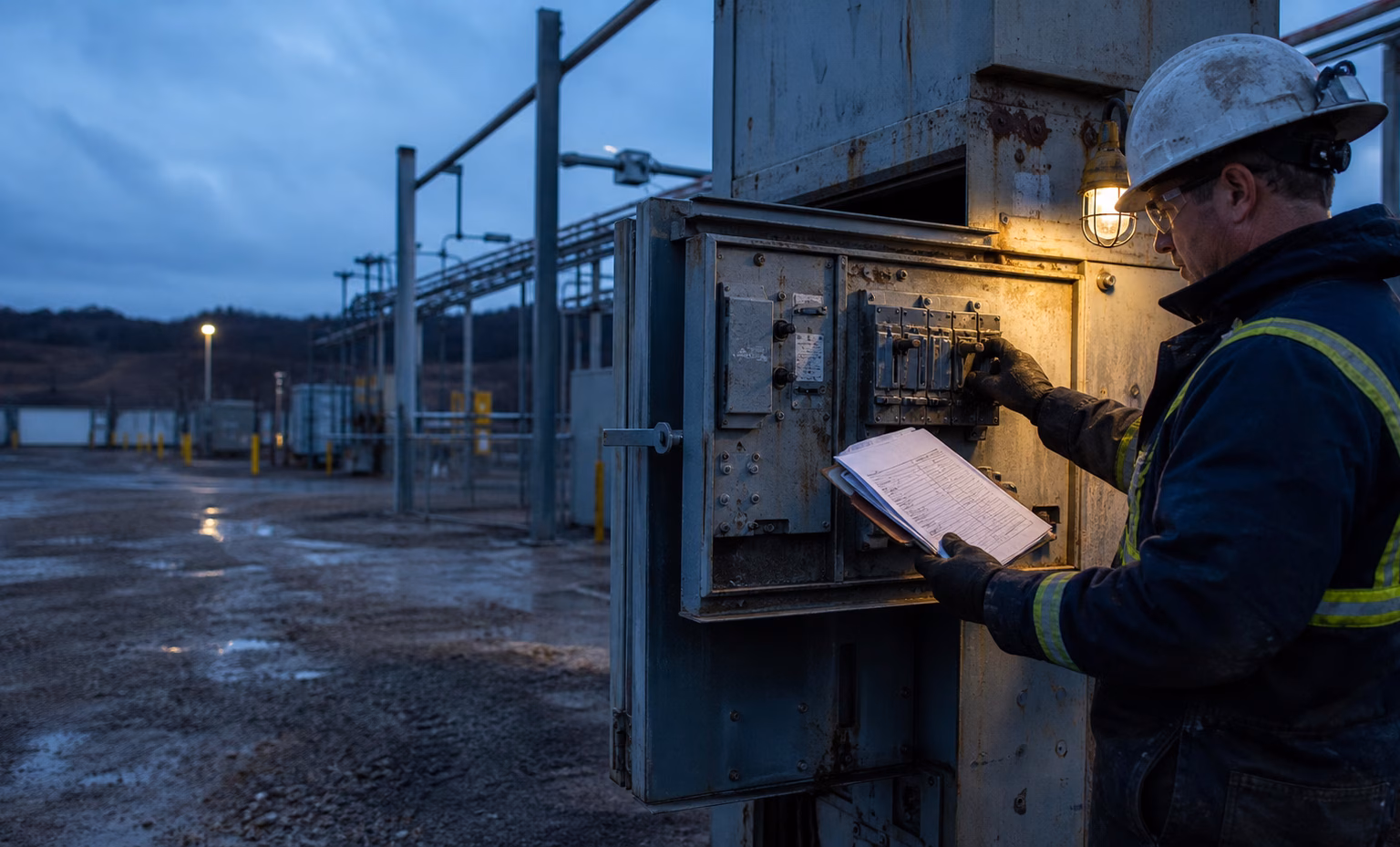 A field engineer checking a weathered utility control cabinet with a paper checklist at dusk