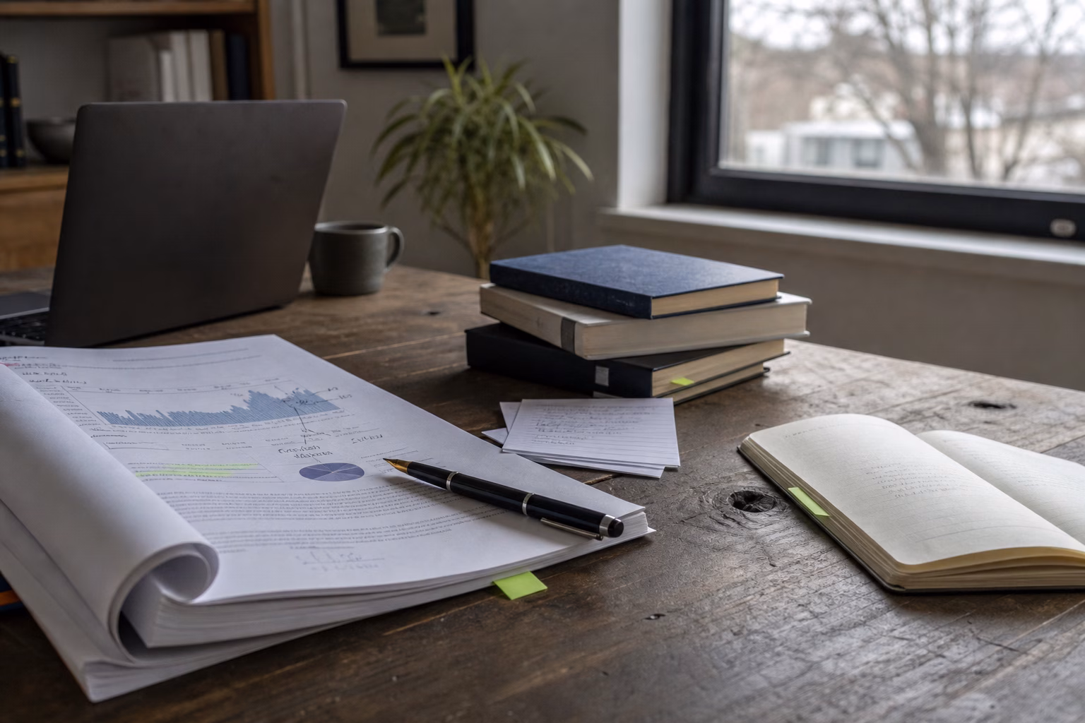 A marked-up report, notebook, and pen on a researcher’s desk