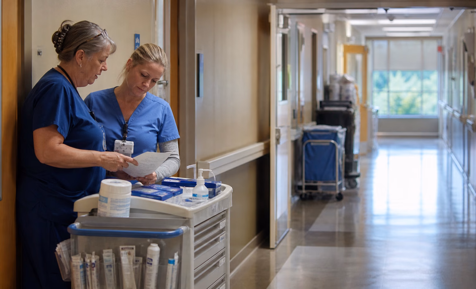Two hospital staff members comparing a paper checklist beside a supply cart