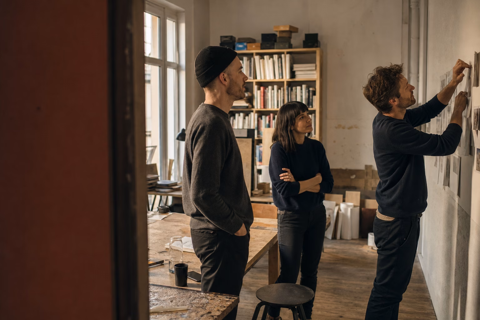 An interdisciplinary team reviewing strategy maps on an enterprise war-room style floor
