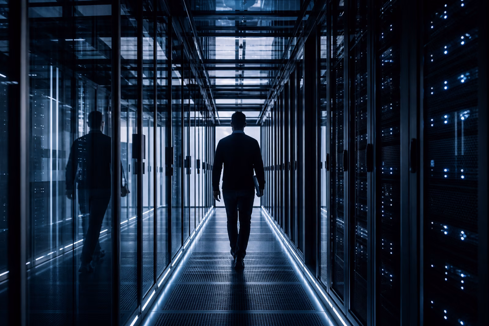 Two operators walking through a data center corridor