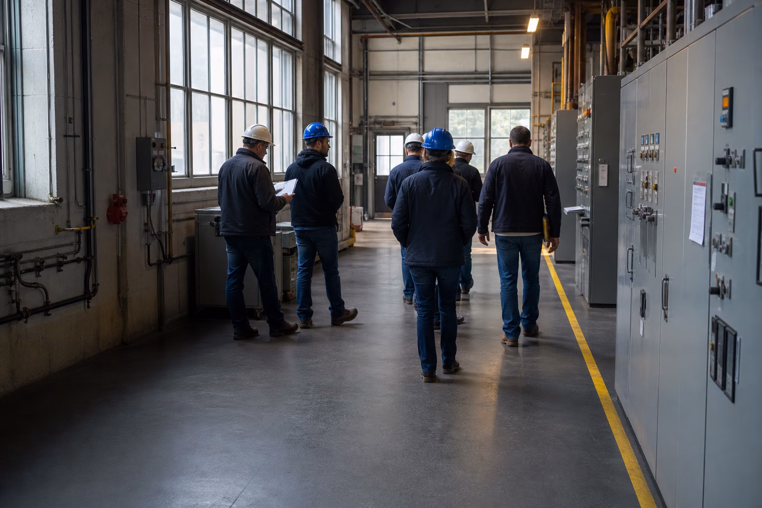 An operations team walking through an industrial control room during a site visit