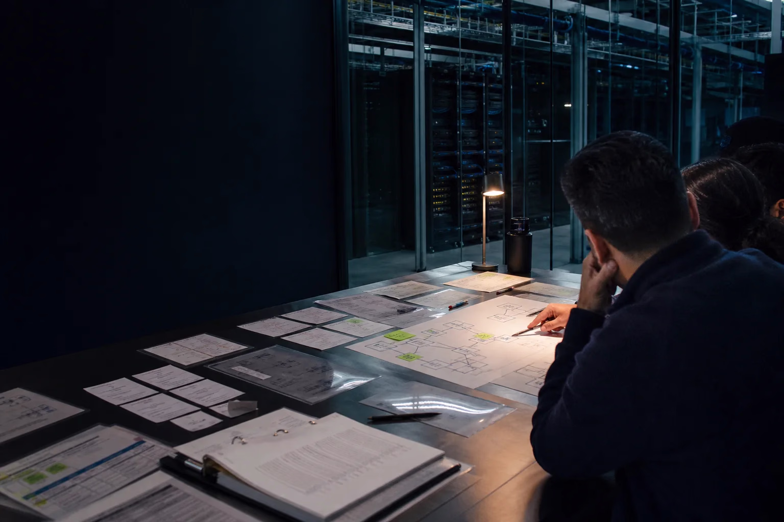 Leaders review AI workflow diagrams and control documents at a table beside a secure server room.