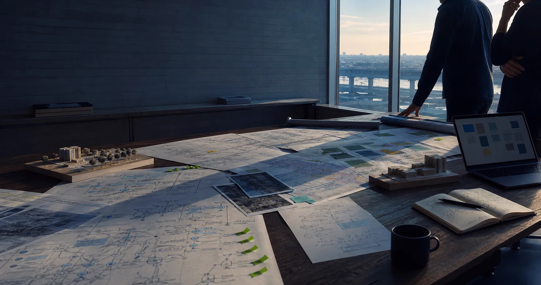 Enterprise leaders trace a complex decision across maps, evidence, and operating diagrams in a strategy room.