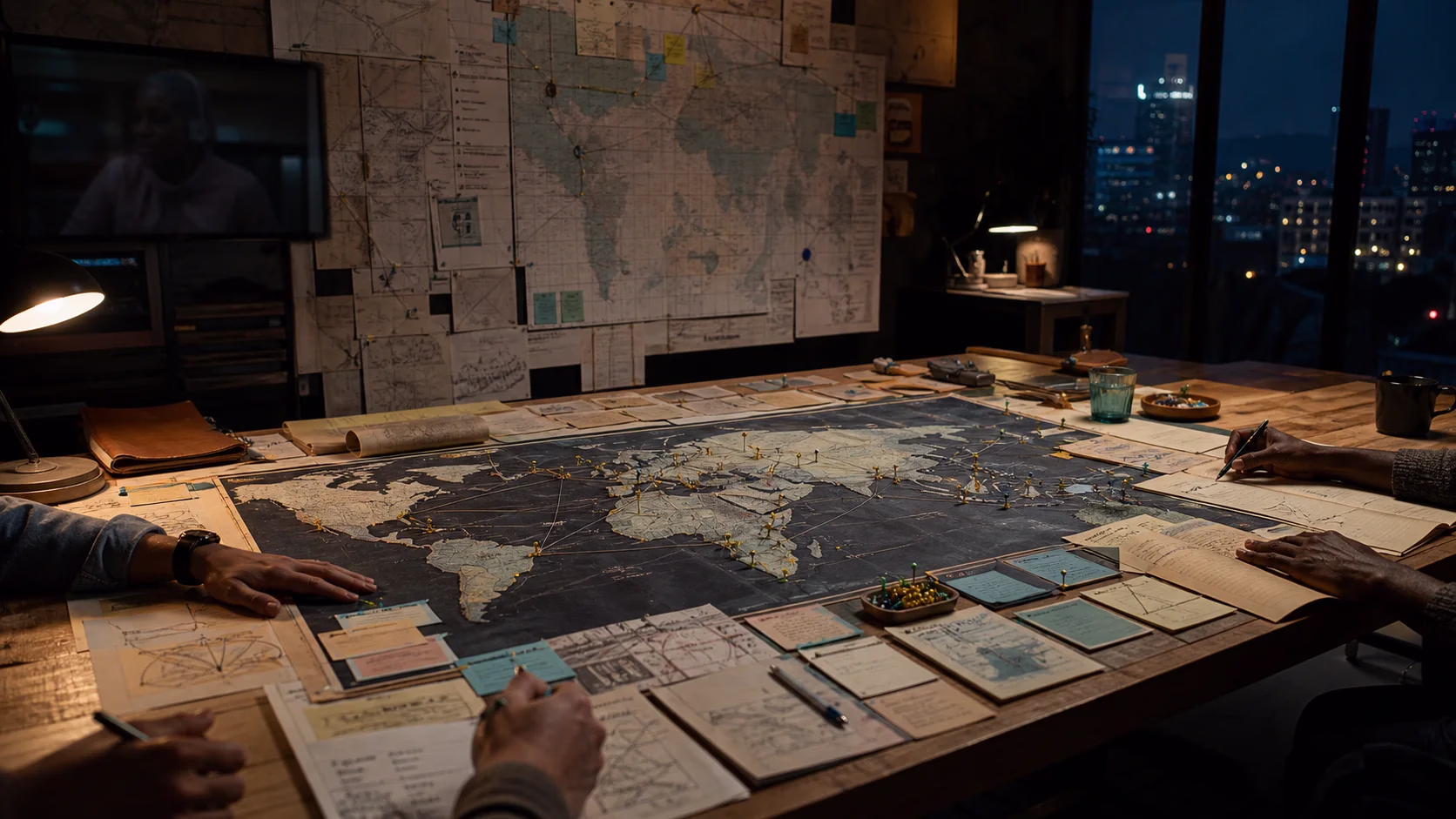 A distributed team works around a world map, connecting regions, partners, and operating decisions