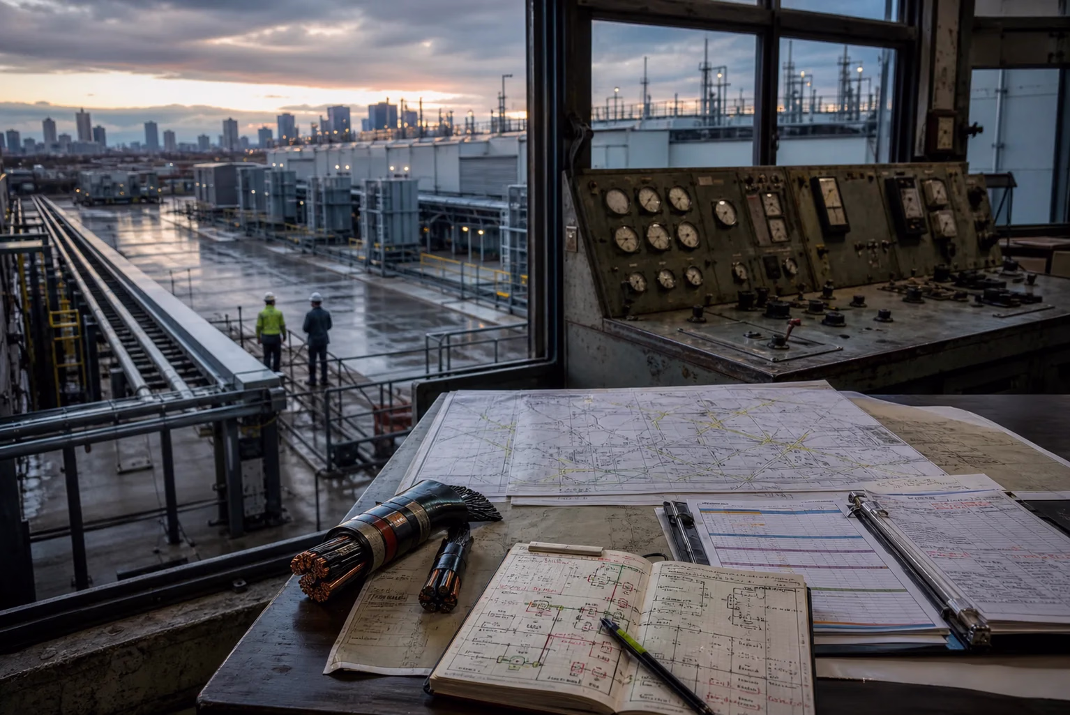 Operators study infrastructure plans beside a legacy control panel overlooking a modern industrial facility.